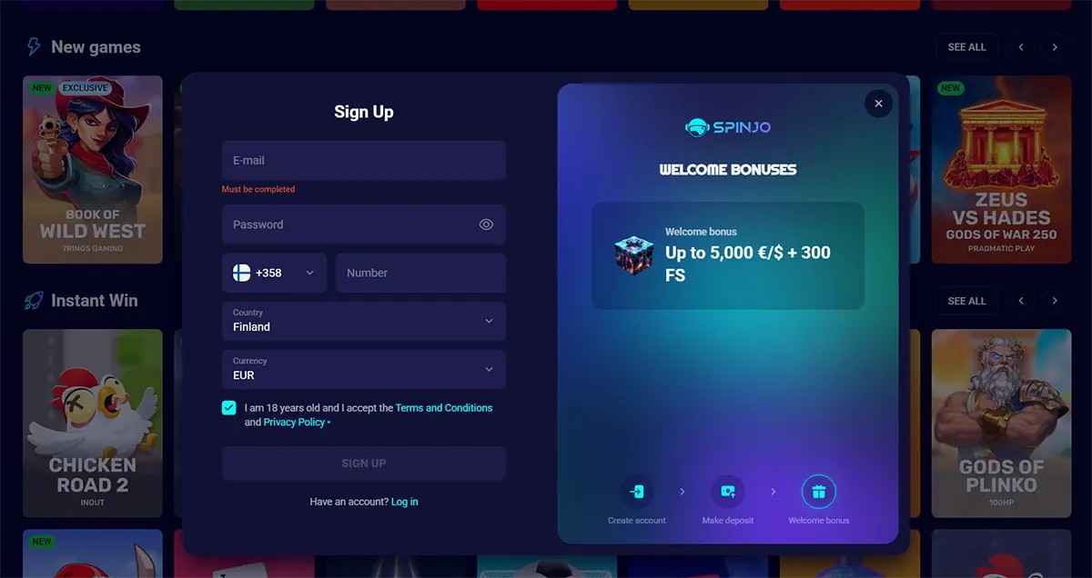 “Dark casino site screenshot showing a ‘Sign Up’ popup with email, password and phone fields (country set to Finland, currency EUR), alongside a SPINJO ‘Welcome Bonuses’ panel offering up to 5,000 €/ $ + 300 free spins.”