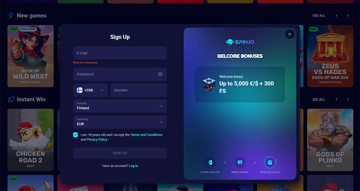 “Dark casino site screenshot showing a ‘Sign Up’ popup with email, password and phone fields (country set to Finland, currency EUR), alongside a SPINJO ‘Welcome Bonuses’ panel offering up to 5,000 €/ $ + 300 free spins.”